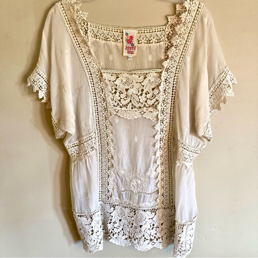 Johnny Was Cream Crochet Lace Short Sleeve Blouse - Picture 2 of 11